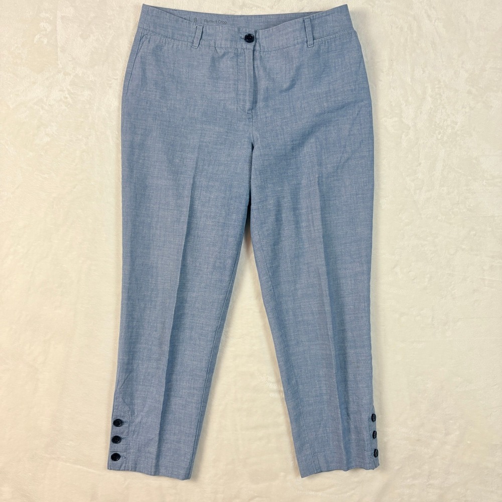 Talbots Perfect Crop Pants Womens 8 Blue Good Button Hem Chambray Trousers‎